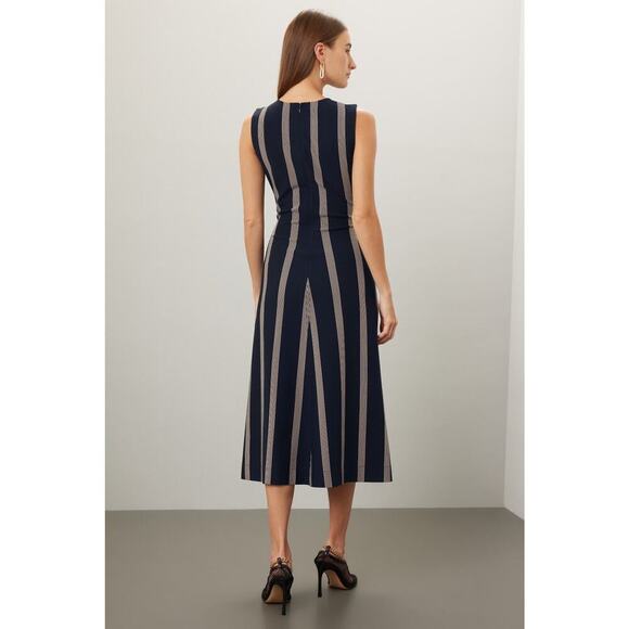 TANYA TAYLOR Dark Navy Blue Pinstripe A-Line Sleeveless Midi Dress Size Large - Picture 2 of 14